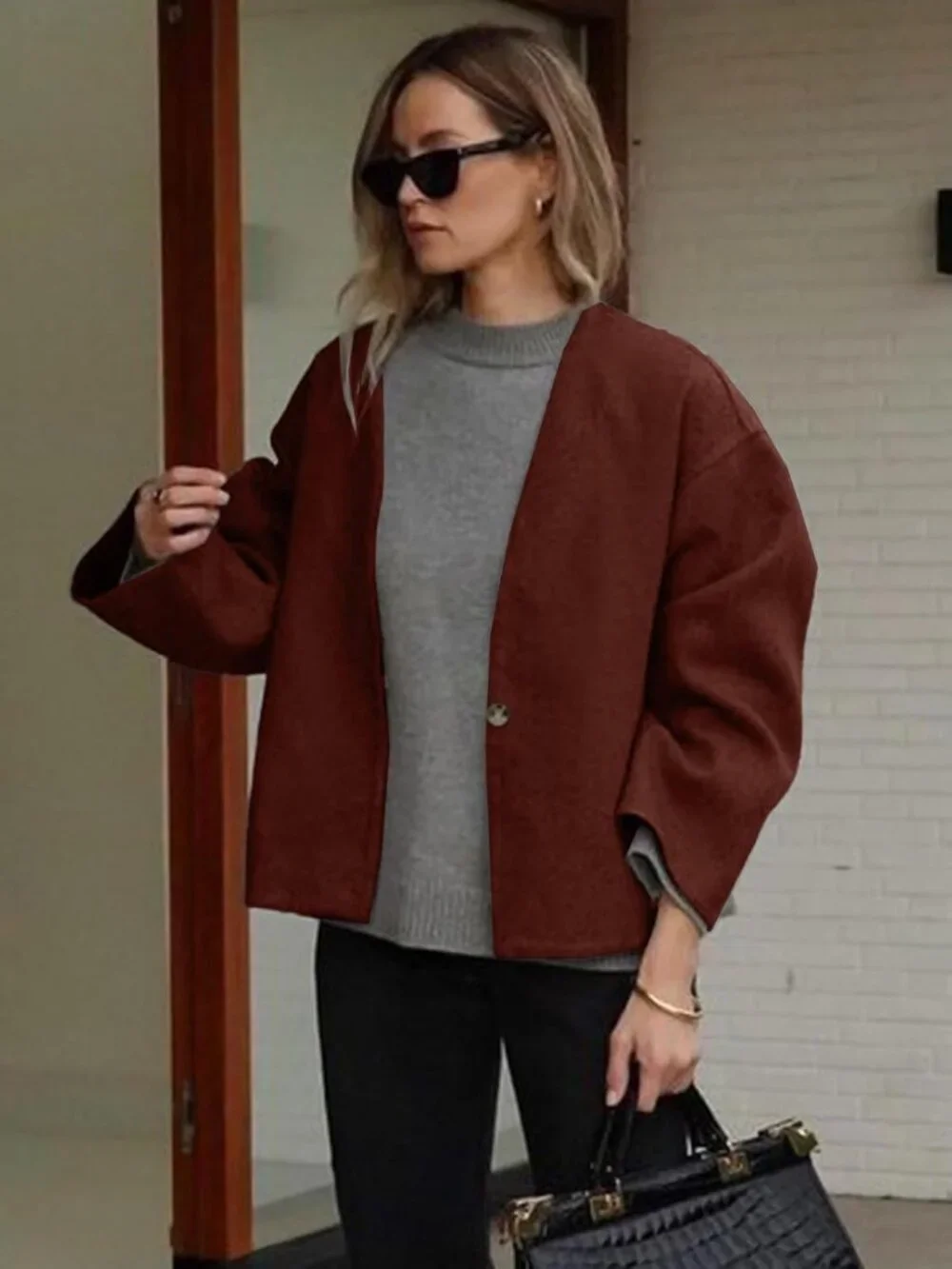 Women Brickred Wool Blend Cropped Collarless Long Sleeve Short Fall Pea Overcoat